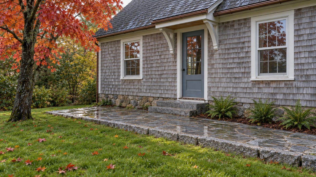 Weathered cedar-shingle cottage with white-trimmed windows, a blue glazed door, granite terrace, and an autumn red maple beside the lawn.