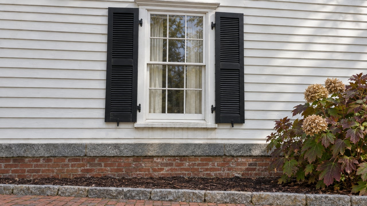 A divided-light window with paired black shutters on white clapboard, above a brick foundation and an autumn oakleaf hydrangea.