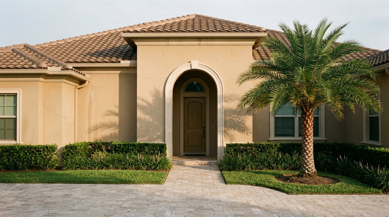 Stucco home with an arched entry and tile roof, viewed over a paver motor court beside a palm.