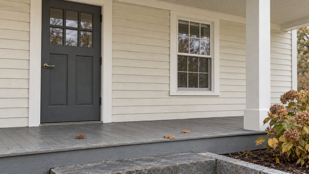 An ivory clapboard home's covered porch with a charcoal door, divided-pane window, worn gray decking, and autumn hydrangea beside a bluestone step.