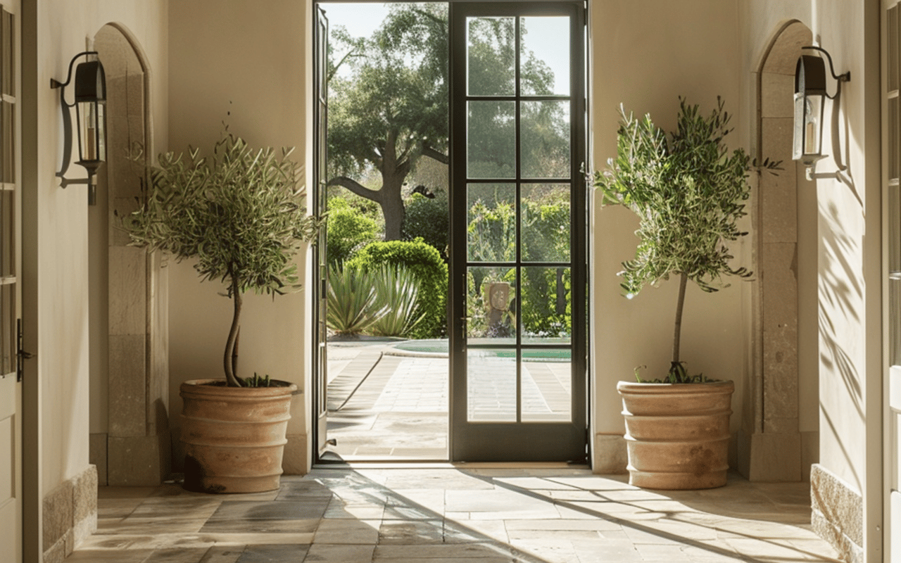 Sunlit entryway with potted trees and a black-framed glass door opening to a garden.