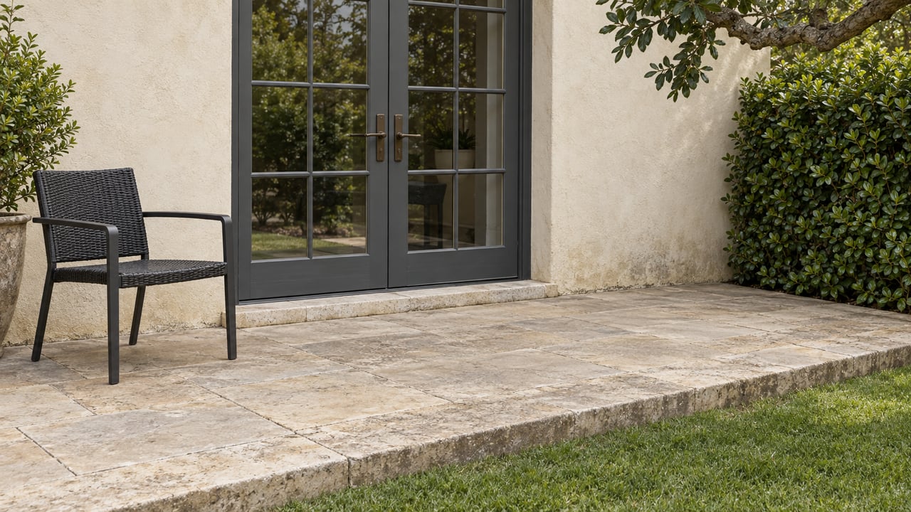 Closed charcoal French doors open onto a weathered limestone garden terrace with one dark metal chair, a clipped hedge and a neatly bordered lawn.