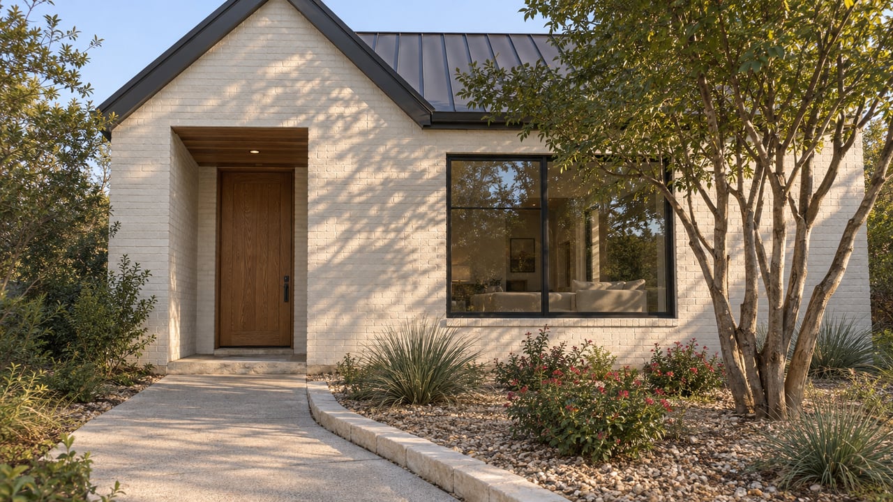 Cream-painted brick home with a steep metal gable, recessed oak front door, black-framed window, and a native planted garden beside a concrete approach.
