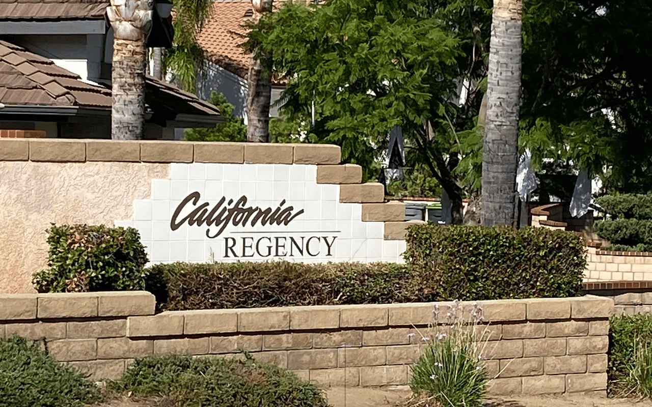The entrance monument sign for the California Regency community in Wildomar, California.