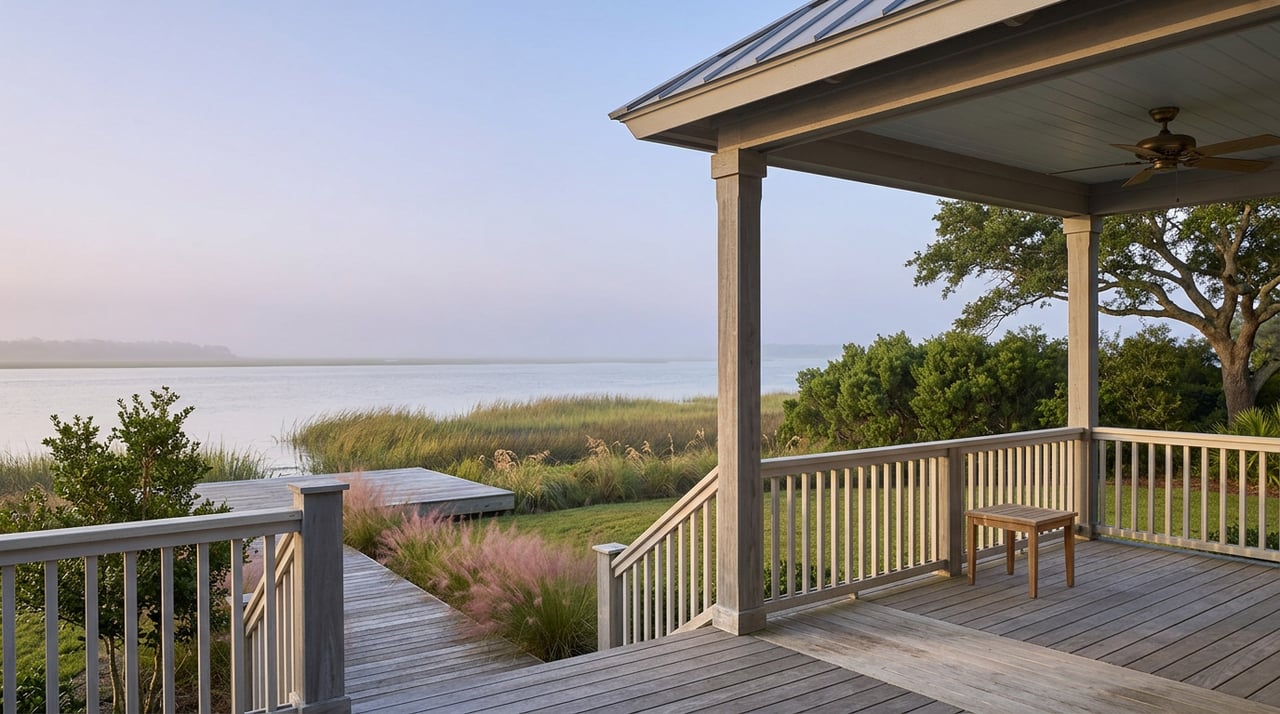 Weathered coastal porch overlooks a plank walkway, marsh grass, calm water, and a live oak canopy.