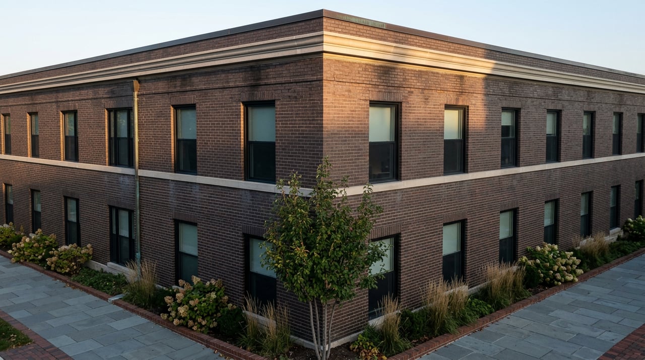 Three-story dark brick corner building with a limestone band, black-framed windows, and a cast-stone cornice.