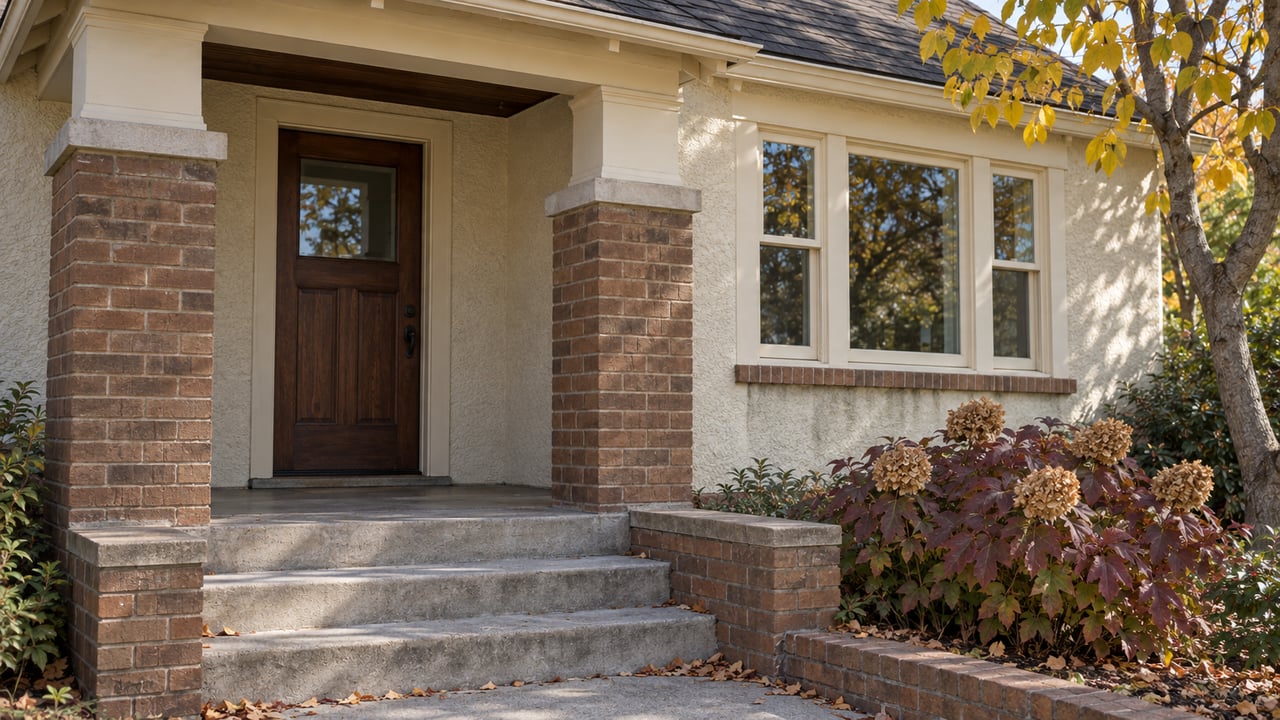 Autumn light falls across a brick bungalow porch with an oak door, cream-framed window, and yellow redbud leaves.