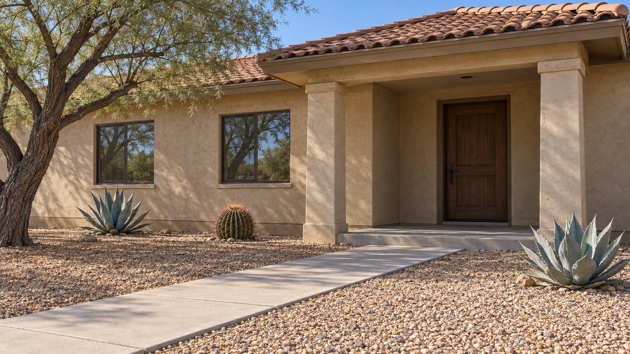 Sunlit sand-colored stucco home with a clay-tile roof, shaded entry, mature mesquite, and a spacious gravel garden planted with agaves and a barrel cactus.