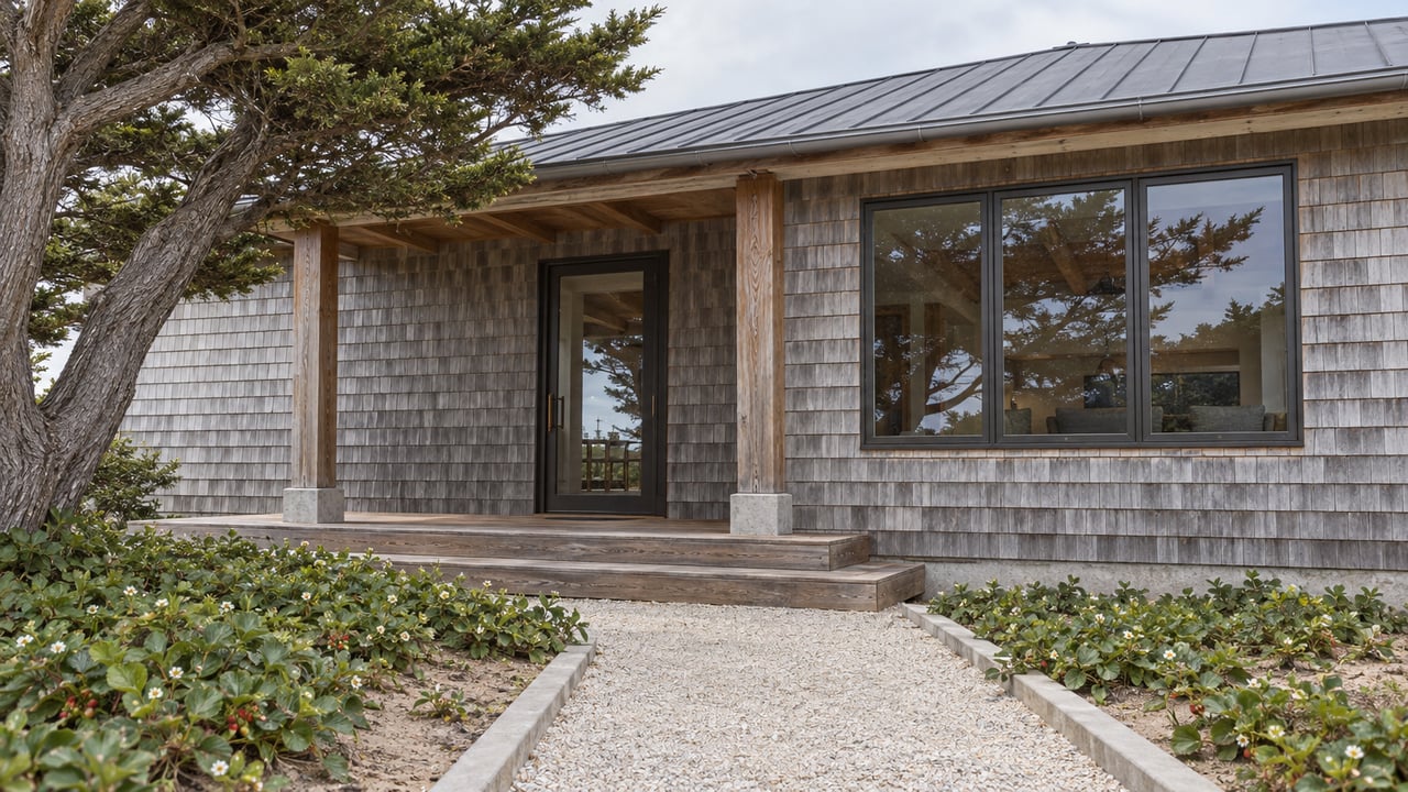 Silvered cedar cottage with a sheltered timber porch, bronze-framed glazing, and a gravel approach beside a wind-shaped cypress.