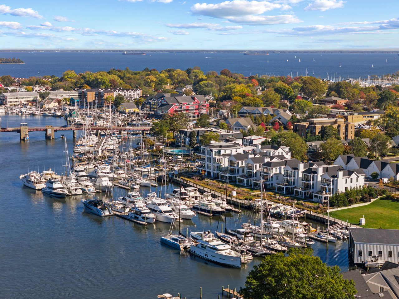 a drone photo of the Annapolis Harbor looking towards Eastport