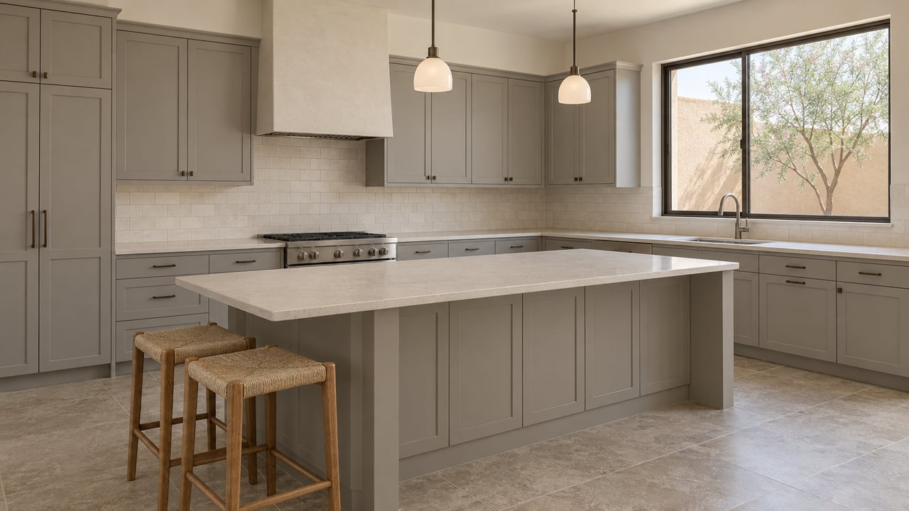 Daylit kitchen with warm-gray shaker cabinetry, a quartz island, oak stools, and large-format tile flooring.