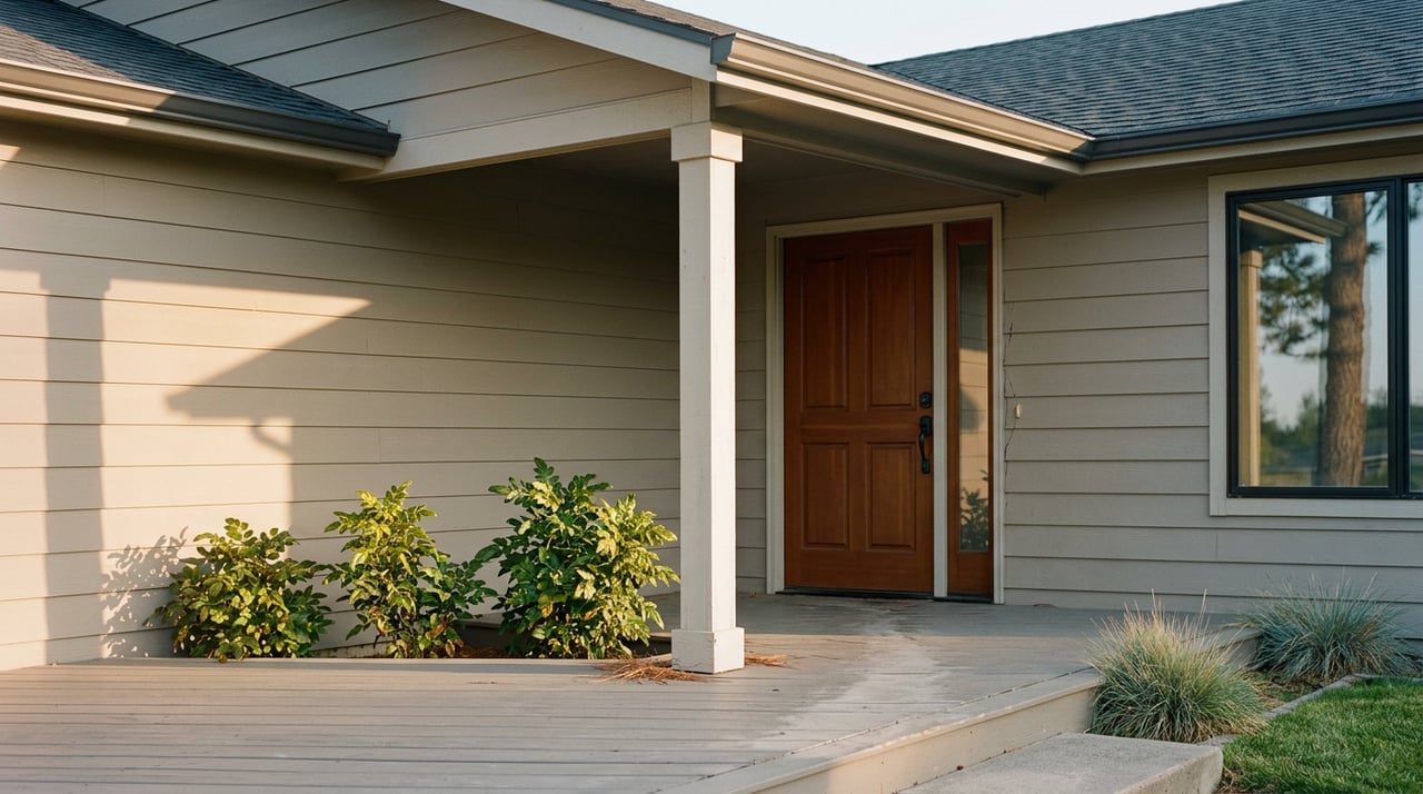 Ranch porch corner with a white post, cedar-brown entry door, black-framed window, and ponderosa pine reflected in the glass.