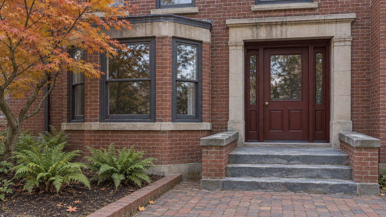 Red brick home with a bluestone stoop, oxblood glazed front door, projecting window bay, and amber Japanese maple.