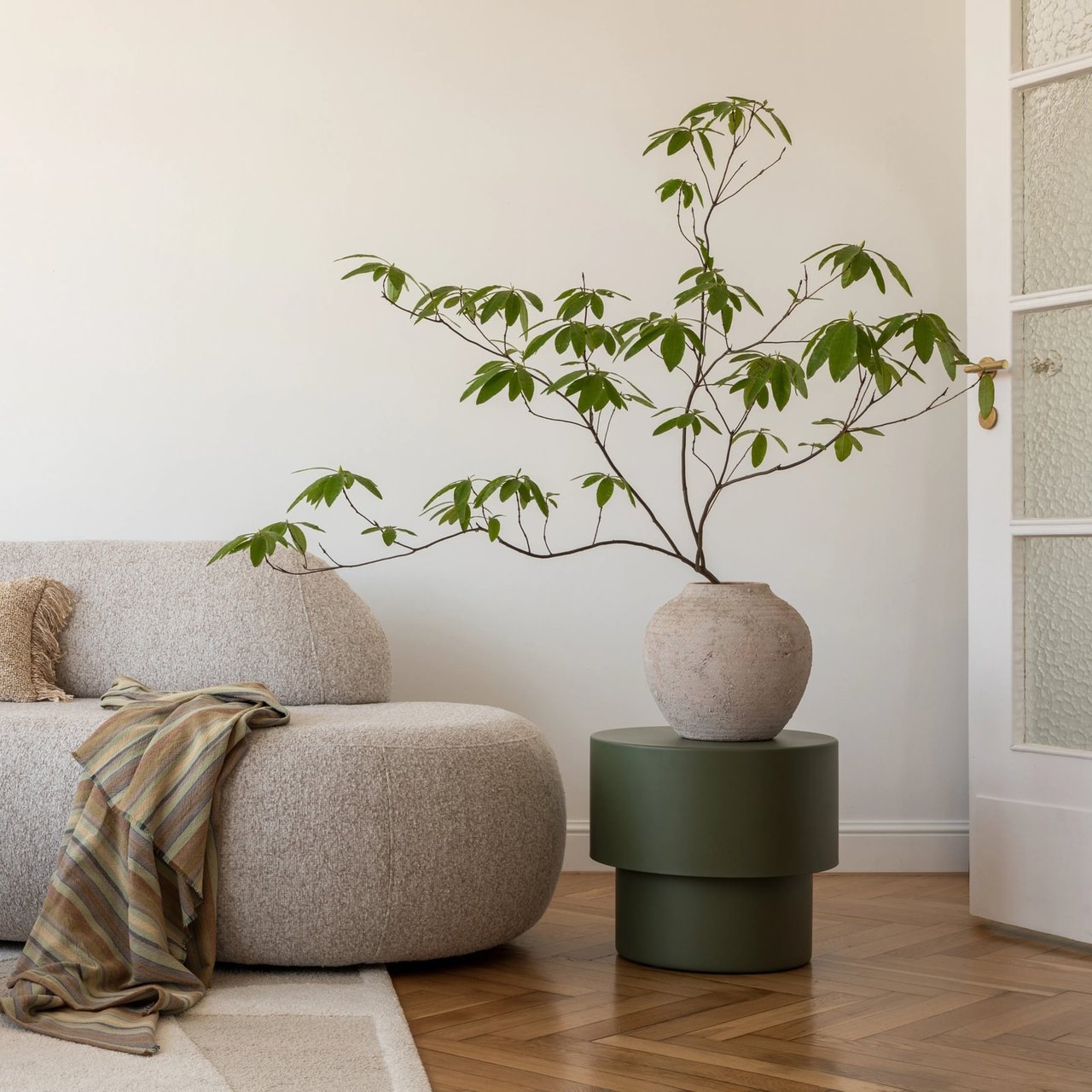 Living room with a curved beige sofa, leafy branch arrangement, and dark green side table.