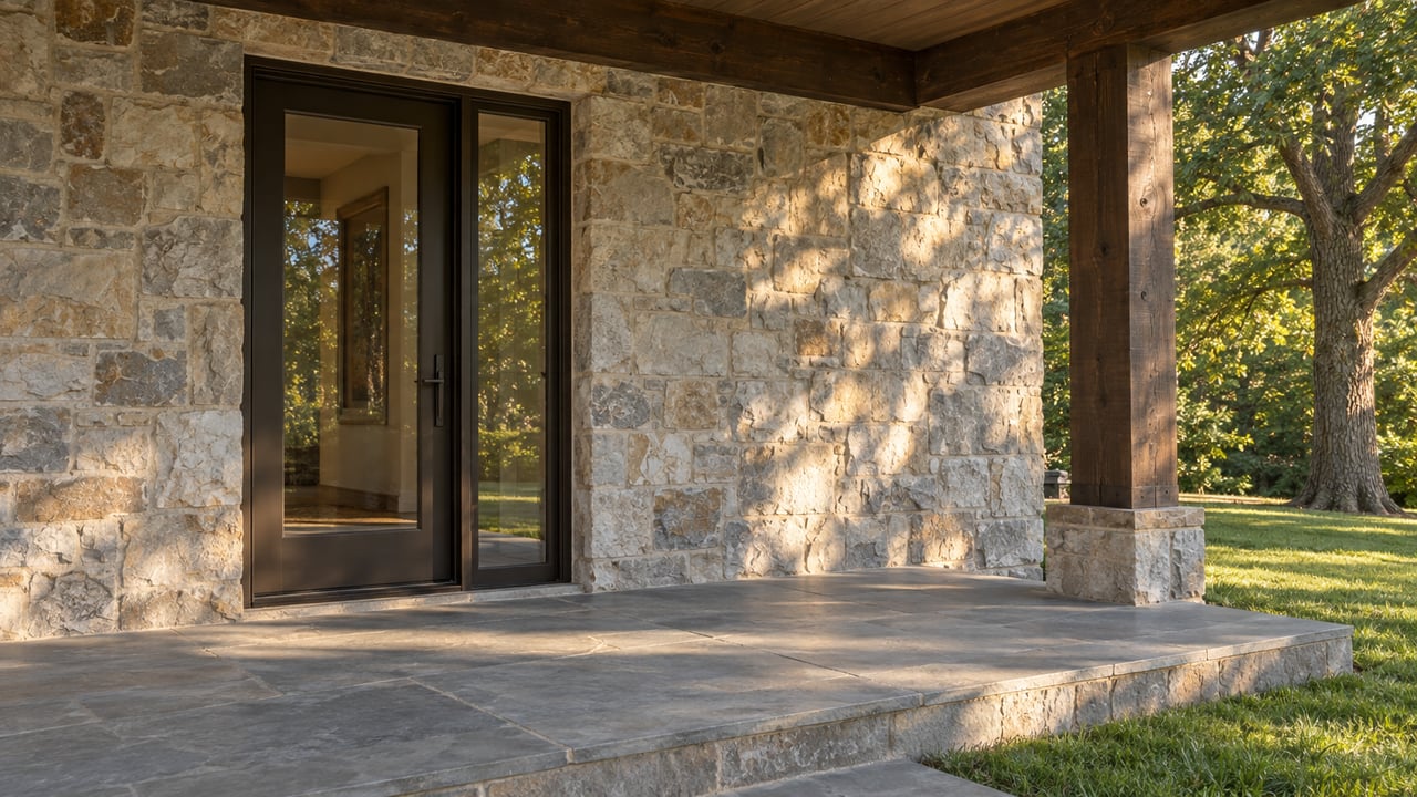 Stone entry porch with a dark glass door, bluestone step, and oak tree beside the lawn.