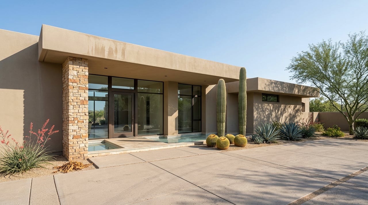 Desert-modern home with a deep roof overhang, stone entry wall, saguaro, and a broad paved motor court.