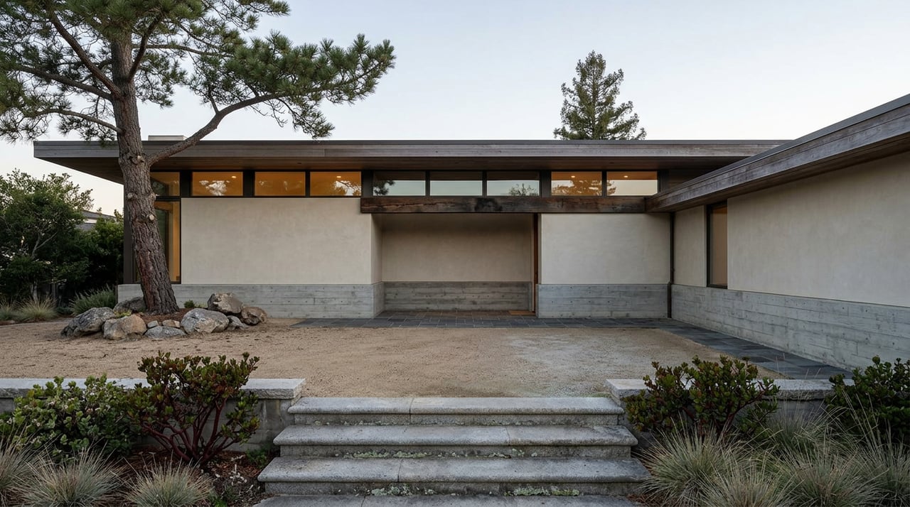 Mountain-contemporary home with a timber overhang, warm glowing glass facade, gravel court, boulders, and a wind-shaped pine.
