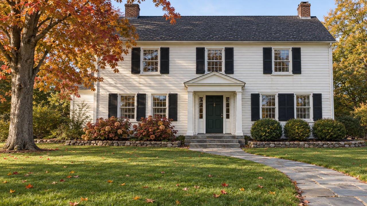 White clapboard house with black shutters, bluestone entry steps and a broad autumn lawn beneath a turning sugar maple.