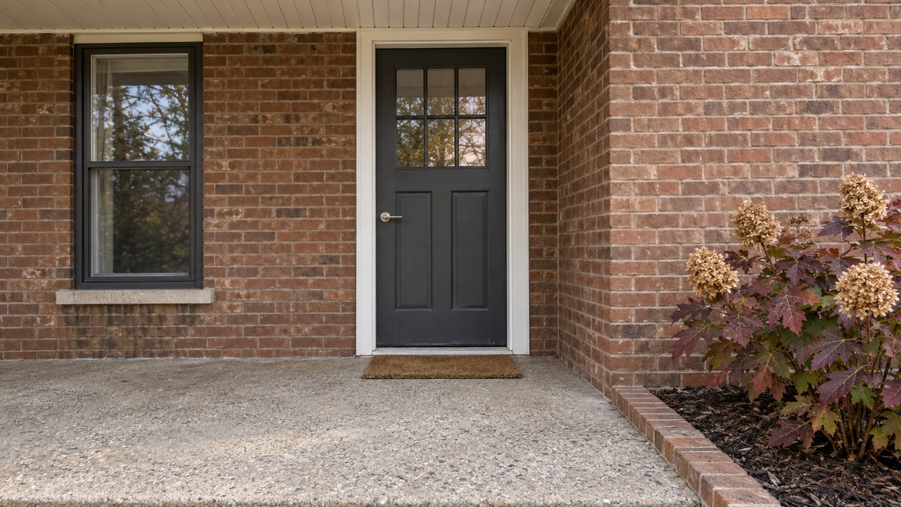 Brick home entrance with a charcoal door, dark-trim window, worn concrete porch and an oakleaf hydrangea with autumn foliage.