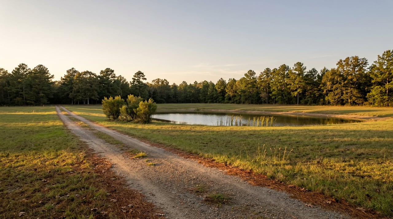 Open rural acreage with a gravel lane, still pond, cattails, and a pine and oak tree line.