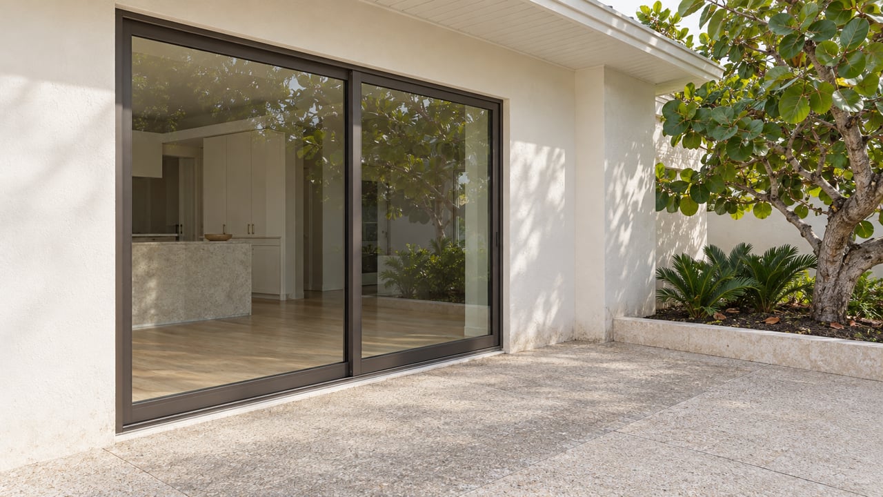 Warm-white stucco home with dark-framed sliding glass doors, a shell-aggregate terrace, and a sea grape tree.