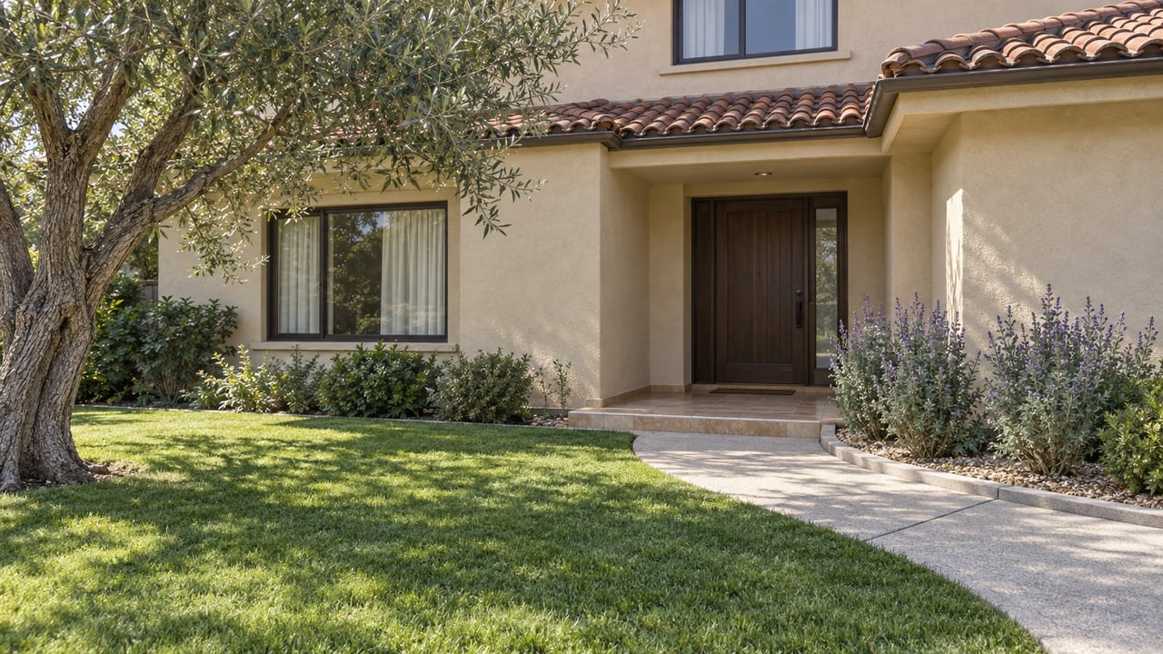 Sunlit stucco home with clay tile eaves, a recessed wood entry, an olive tree and a deep green front lawn.