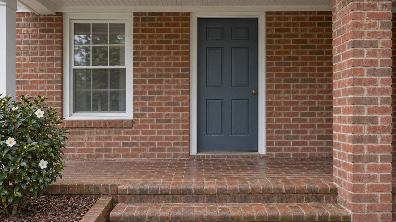 Sheltered brick front porch with a blue-gray paneled door, white-trimmed window and white-flowering camellia beside worn brick steps.