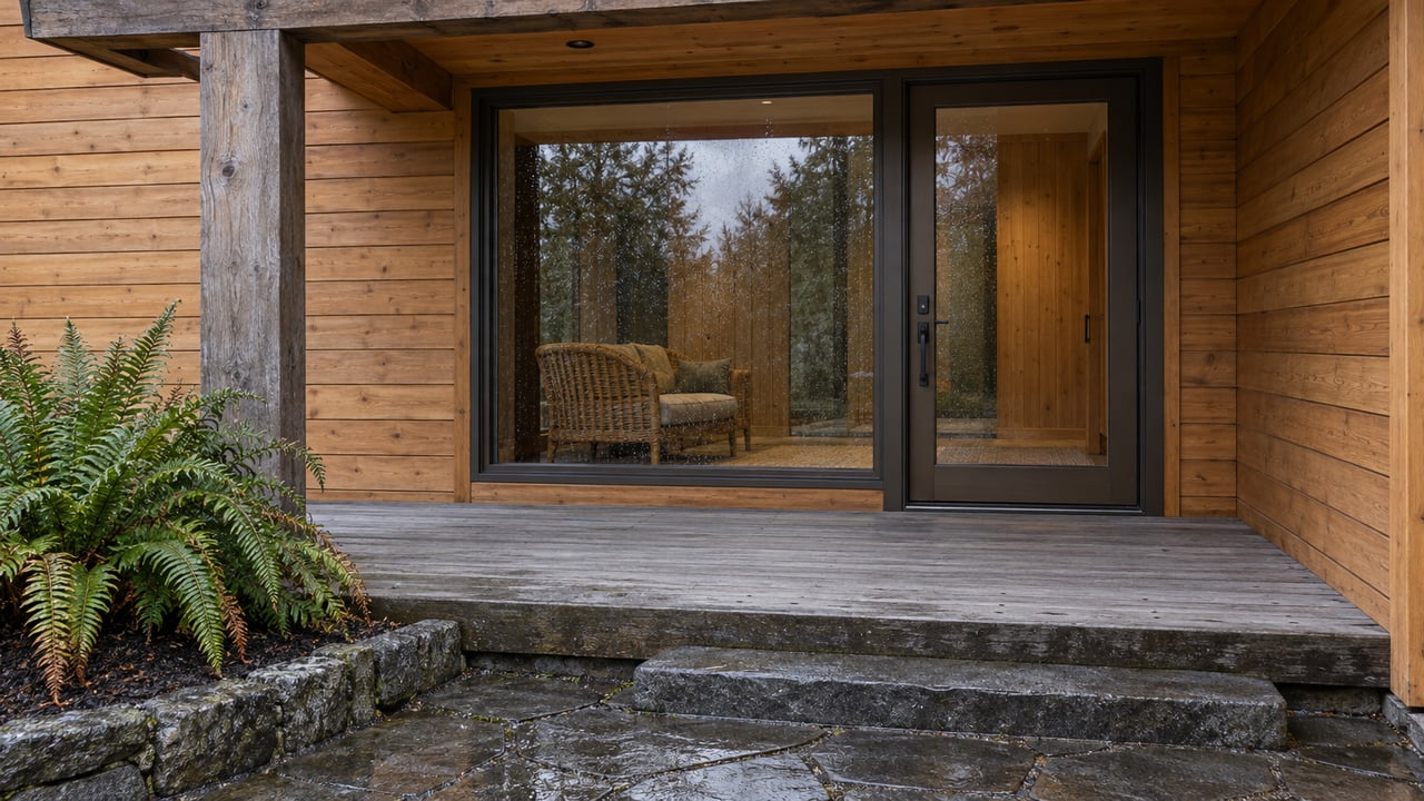 Rain-damp cedar porch with a glazed entrance, warm timber interior, stone approach and a single sword fern.
