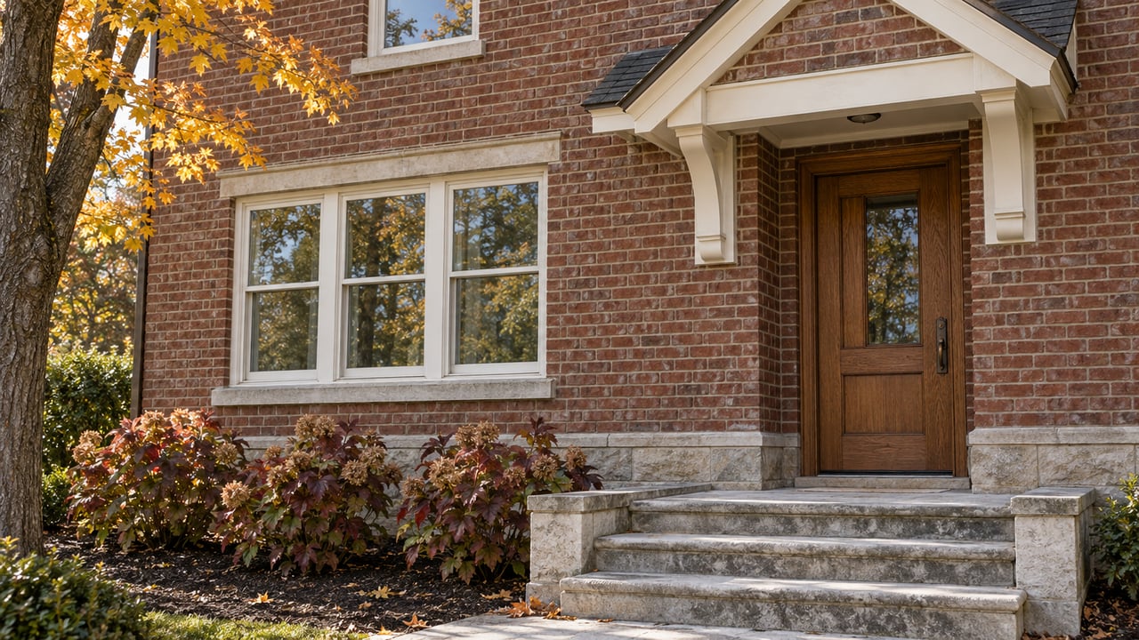 Traditional brick home entry with an oak door, limestone steps, white-framed windows and autumn maple and oakleaf hydrangea foliage.