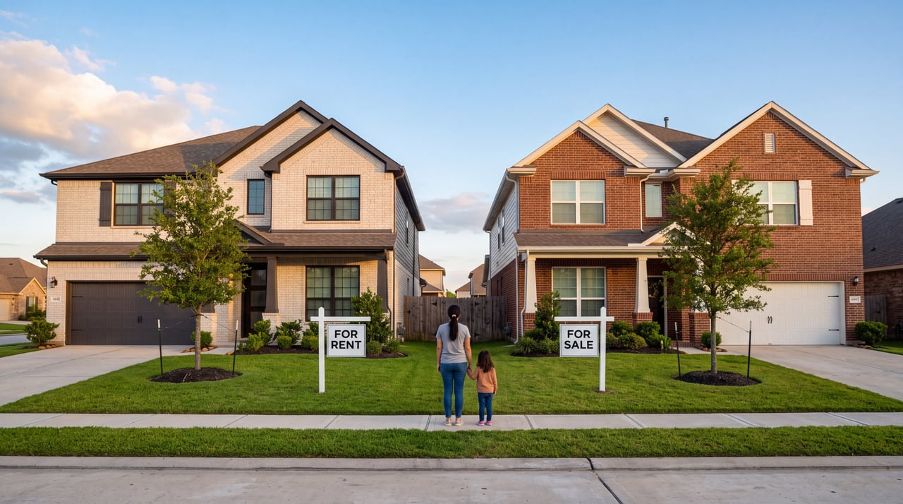 Two people stand between homes with For Rent and For Sale yard signs, showing the rent vs buy choice in Houston