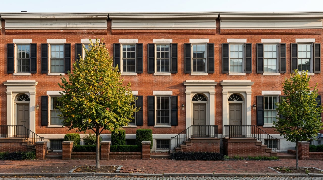 Three attached brick townhomes with black shutters, iron stoop railings, and yellowing street trees.