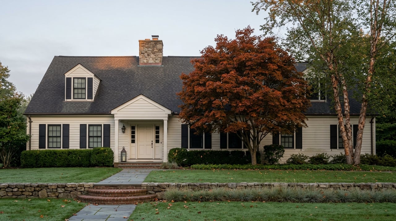 Colonial Revival house with black shutters, fieldstone chimney, orange-red maple, and a dew-covered lawn.