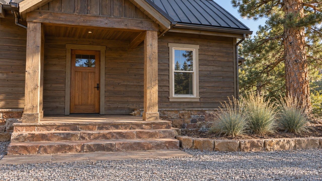 Weathered timber home with a covered entrance, worn sandstone steps and a mature pine beside the porch.