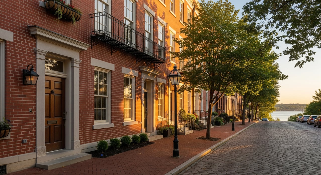 Cobblestone street beside red-brick rowhouses and leafy trees, with parked cars and water in the distance.