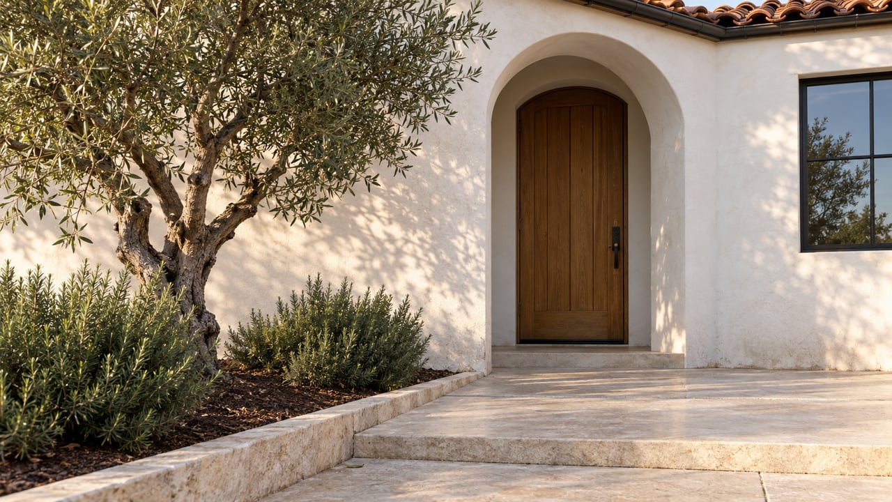 Stucco home entrance with an arched oak door, olive tree, rosemary mounds, and limestone approach slabs.