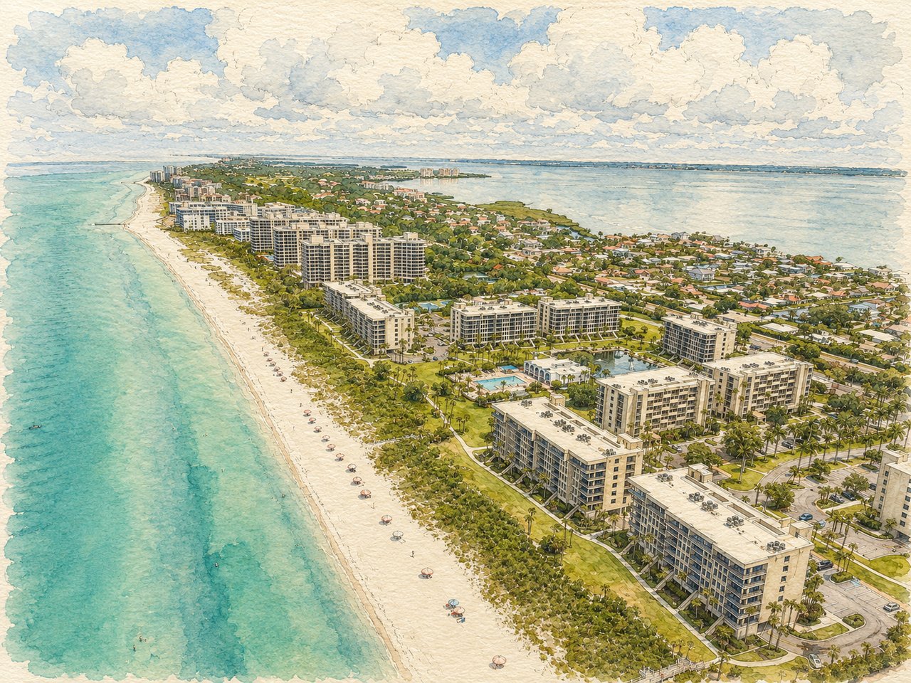 Beachplace coastal condominium development along a turquoise shoreline, with mid-rise buildings and a curving beach.