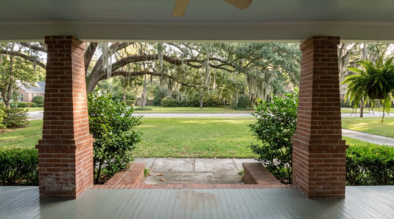 Brick porch piers frame a lawn beneath live oaks draped with Spanish moss, with azaleas beside the steps.