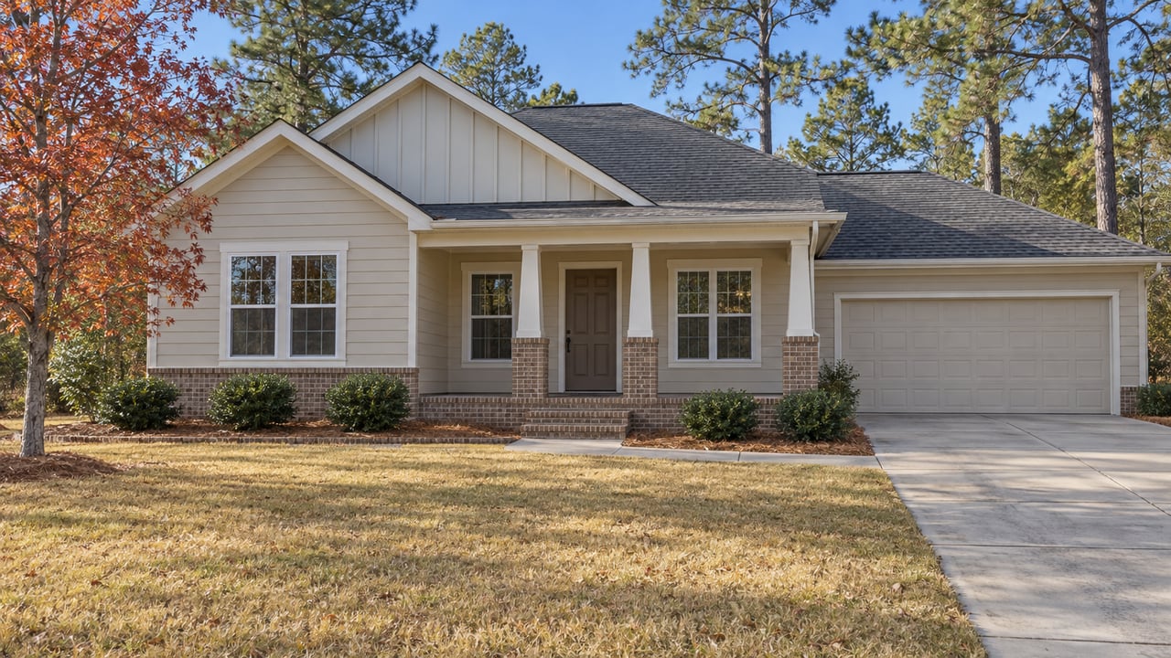 A beige gabled home with a brick porch and attached garage, framed by tall pines beside a broad autumn lawn.