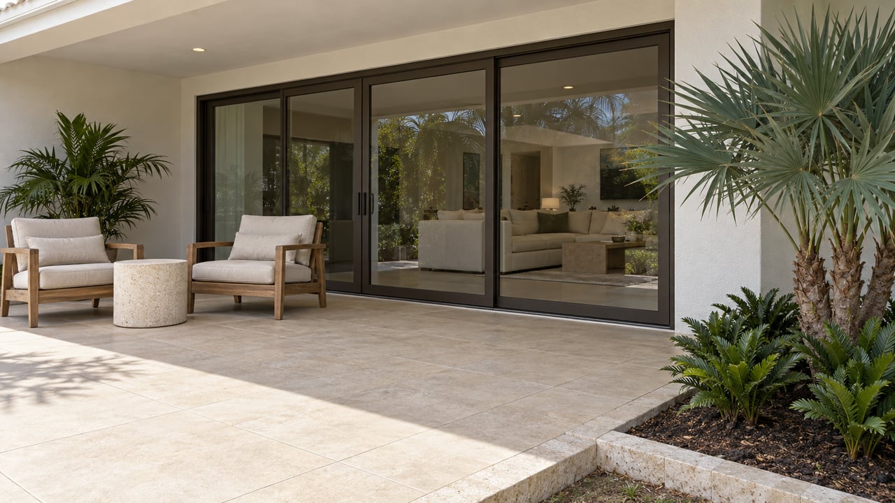 Shaded terrace with weathered teak seating, pale tile and dark-framed sliding glass doors opening visually to a bright living room.