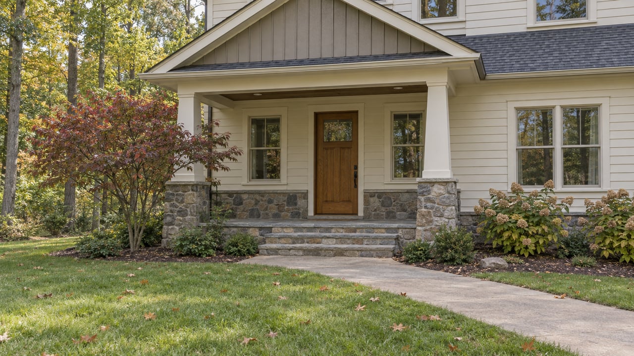 Cream-sided home with a stone porch, oak entry door, broad front lawn, and trees beginning to show autumn color.