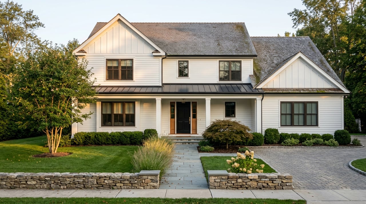 Two-story white shiplap home with a black portico roof, stone-edged lawn, and curved driveway in morning light.
