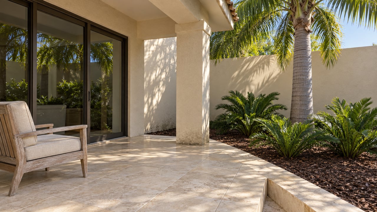 Cream stucco covered terrace with closed bronze-framed glass doors, ivory limestone paving, a teak lounge chair, and a royal palm above three coontie plants.