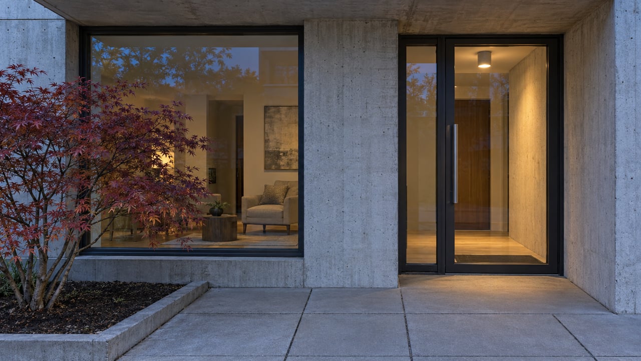 Modern residential entrance with closed aluminum-framed glazing, pale concrete, and a small red-leaf Japanese maple at blue hour.