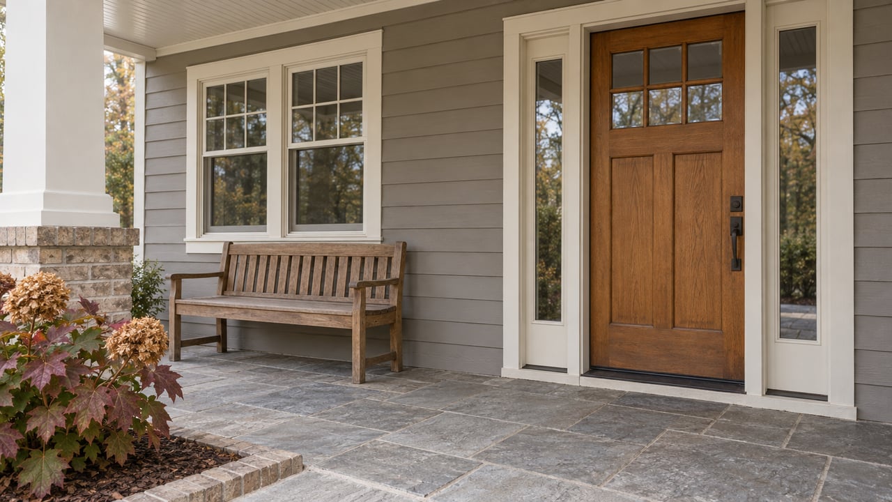 Covered porch with warm-gray siding, an oak entry door, paired windows, a worn oak bench and autumn oakleaf hydrangea.