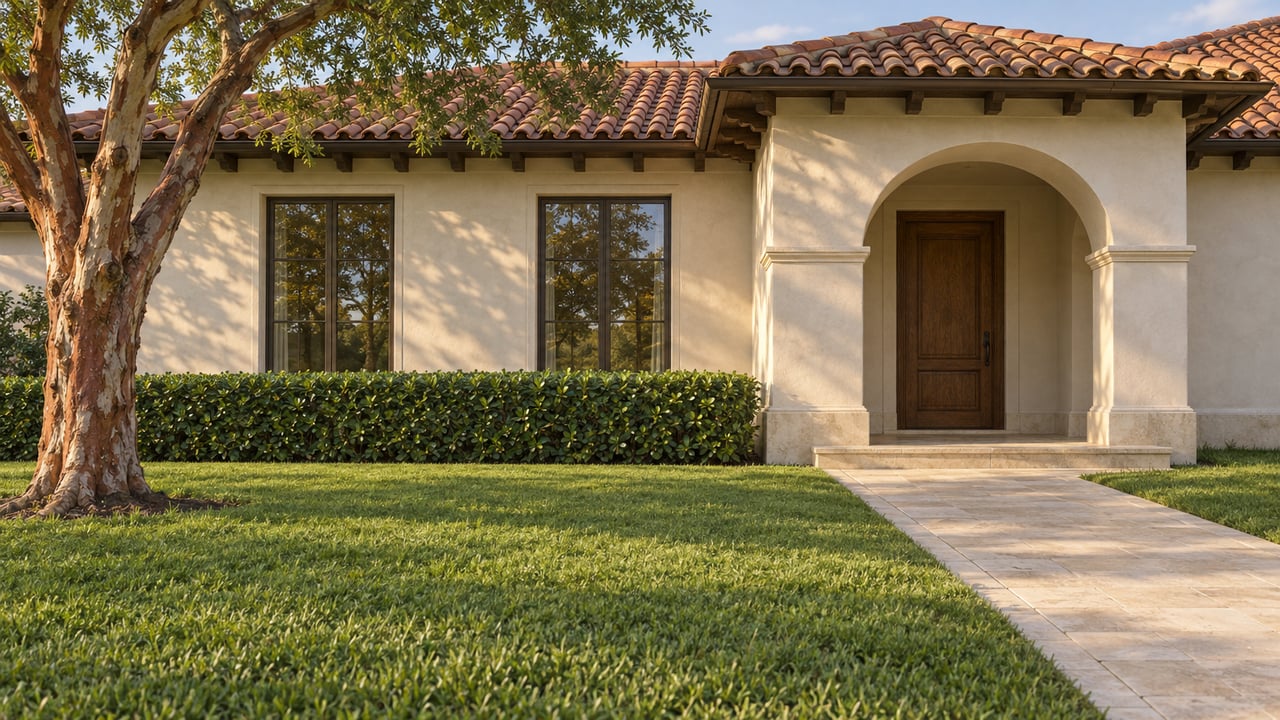 Warm stucco estate with a clay-tile roof, recessed arched entry, and limestone approach across a deep lawn.