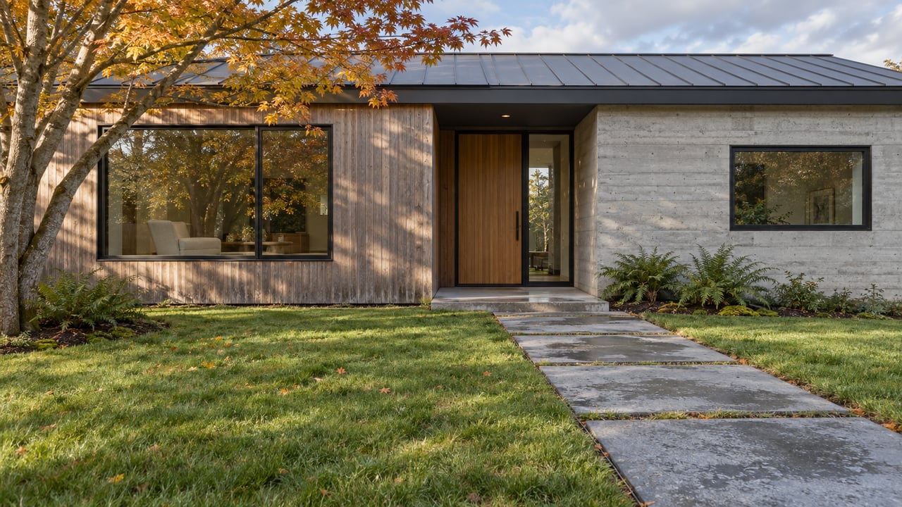 Cedar and pale concrete home with black-framed windows, a stone entry path, autumn vine maple and sword ferns.