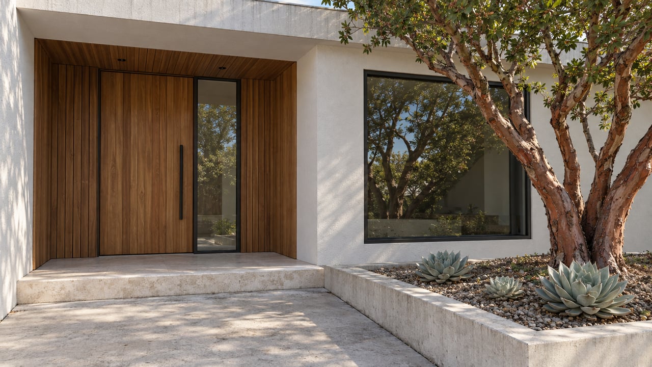 White plaster and cedar home entry beside a dark-framed window, pale stone landing and sculptural strawberry tree.