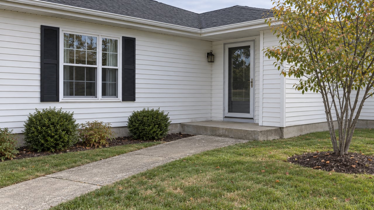 White-sided ranch house with a recessed glazed entry, dark-shuttered window, concrete walk, and small autumn tree.