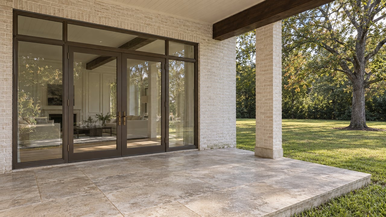 Warm-white brick home with bronze French doors, a limestone covered terrace and a broad lawn beneath a mature oak.