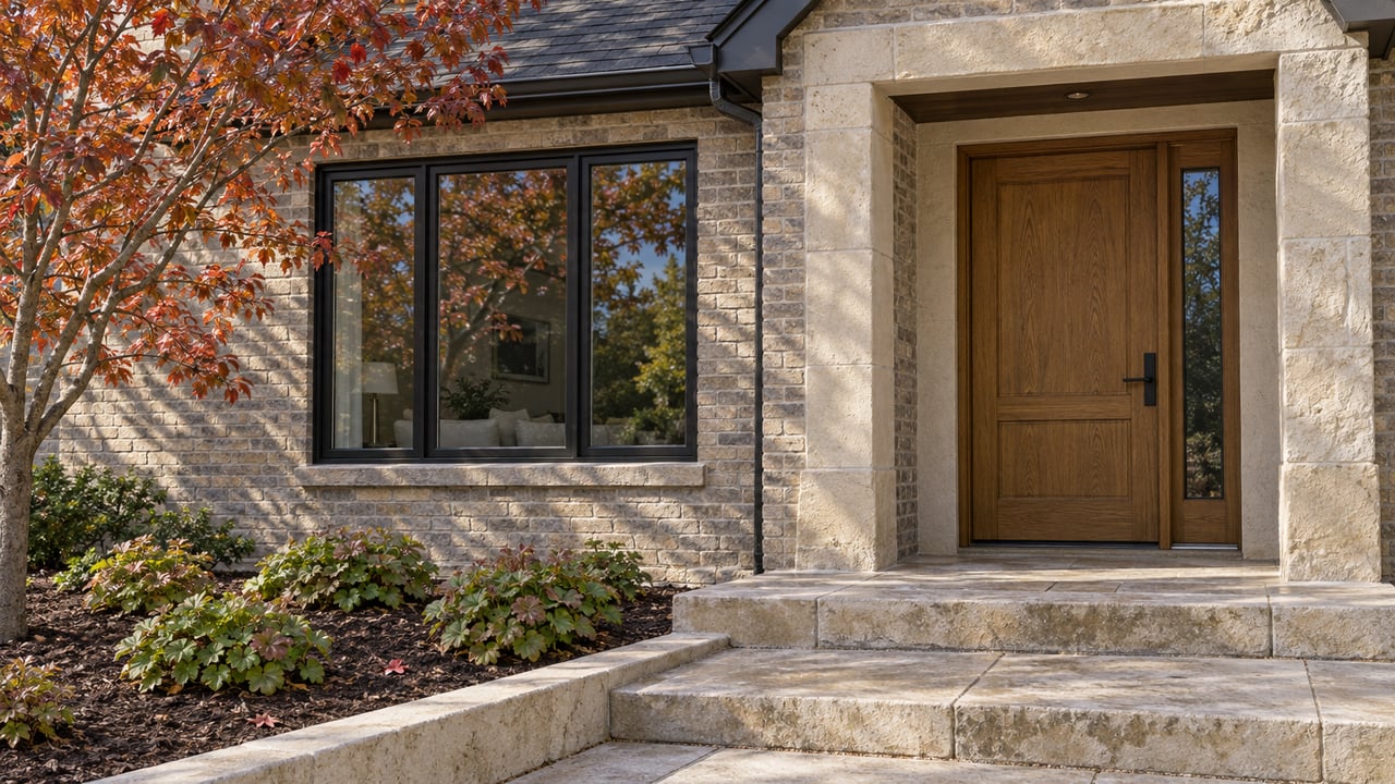 Gray brick home entry with an oak door, limestone steps and a black-framed window beside copper-red autumn foliage.